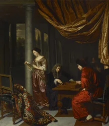 Interior com figuras jogando Tric-trac